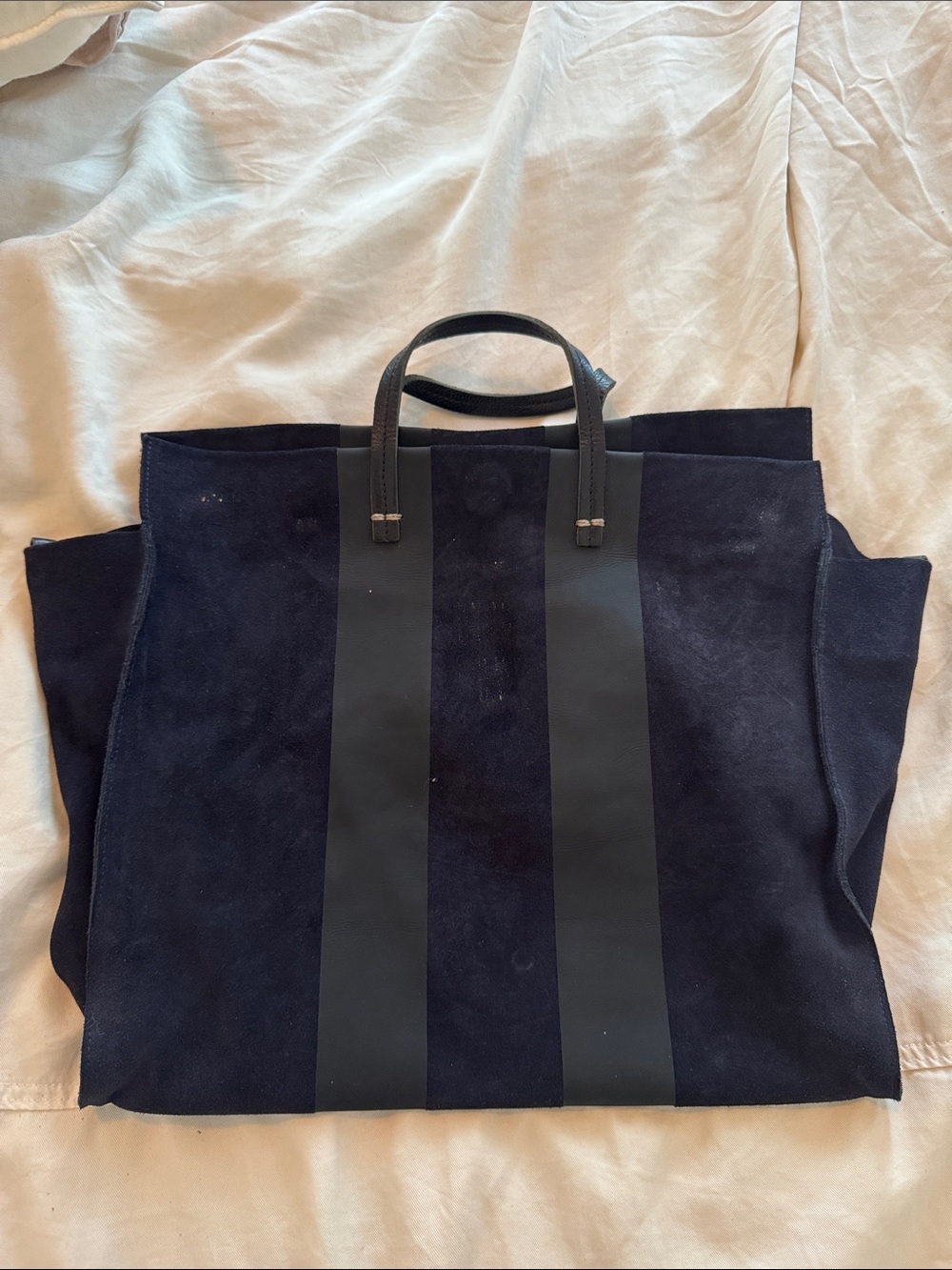 Clare V. Navy Suede Tote Bag with Black Straps
